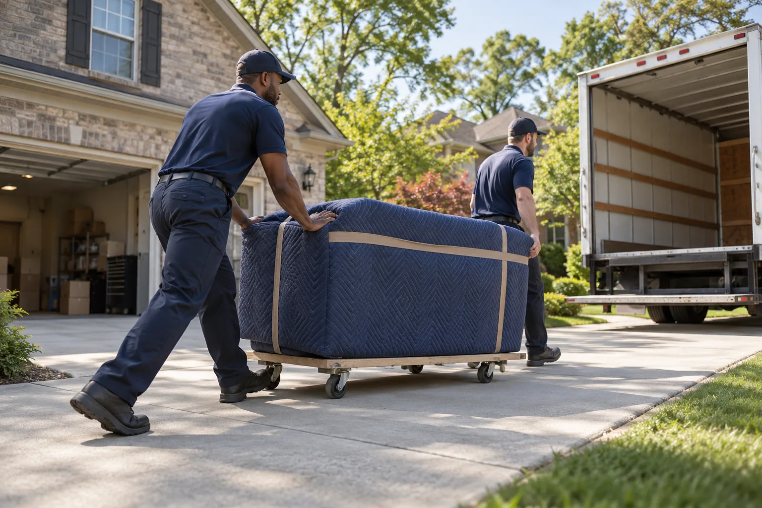 Furniture protected on a dolly while movers follow a driveway loading route