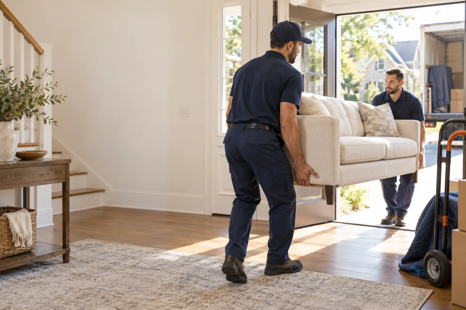Two movers carrying a sofa through the front door of a home