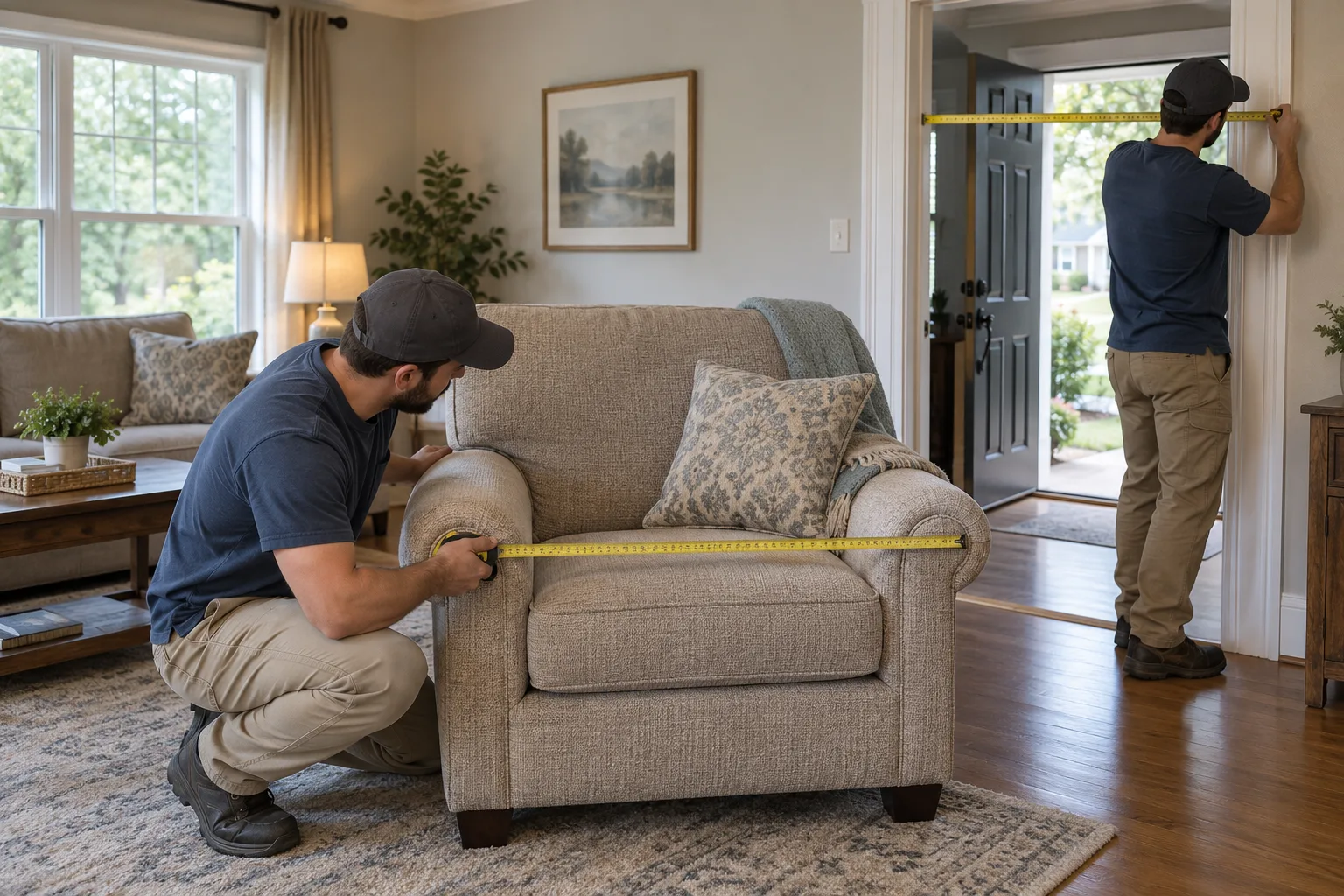 Movers measuring furniture and a doorway before removal